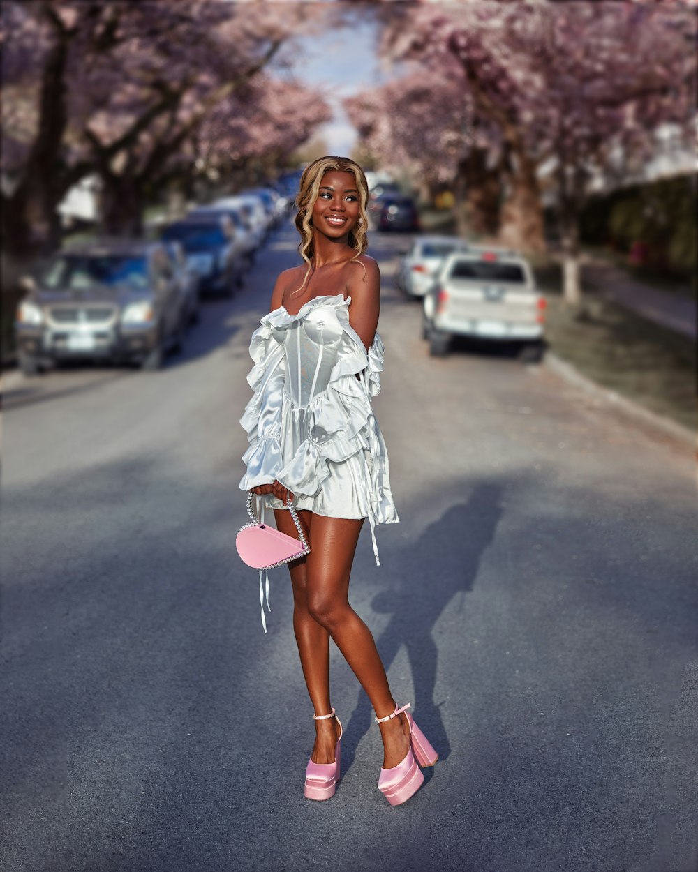 a woman standing in the middle of a street