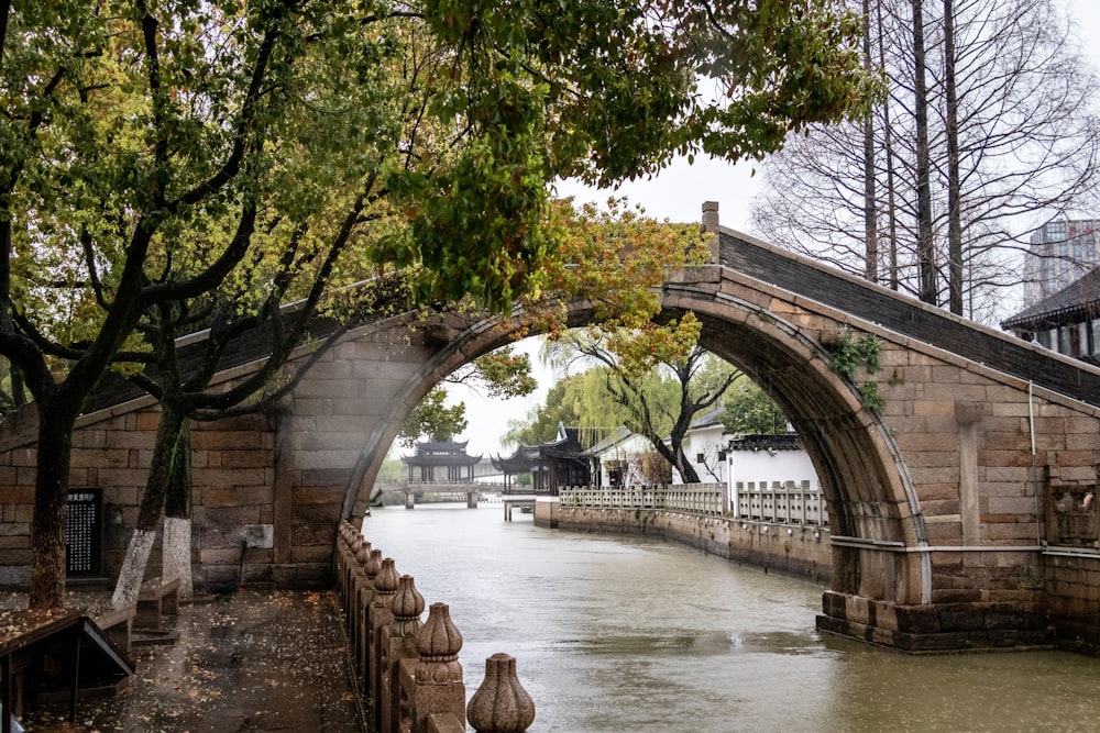 a bridge over a body of water next to trees