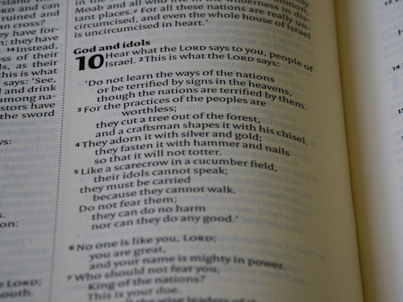 A page from a book with text discussing themes about crafting idols and related warnings. The left margin has the chapter titled 'God and idols', indicating the topic. The text is formatted in paragraphs with numbers denoting verses.