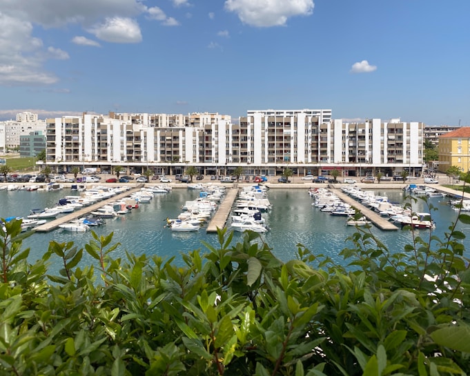A marina filled with numerous yachts and small boats docked in calm blue water. Modern, white apartment buildings line the horizon, creating a backdrop for the waterfront scene. In the foreground, lush greenery frames the image. The sky is clear and blue with a few scattered clouds.