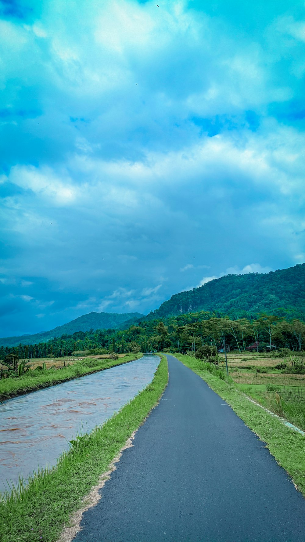 a road with a river running between it and a hill in the background