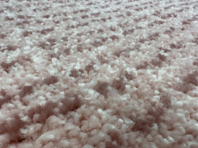 A close-up view of a fluffy, textured carpet with a blend of soft fibers. The surface is thick and plush, showcasing a uniform pattern with a slightly irregular arrangement that gives a sense of depth.