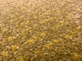 A close-up view of a textured carpet with a mix of beige, yellow, and brown hues. The surface appears soft and thick, showing distinct fibers and a slightly irregular pattern.