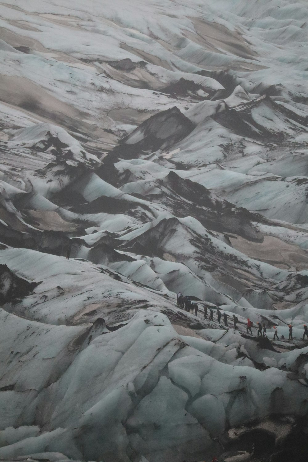 a group of people standing on top of a snow covered mountain