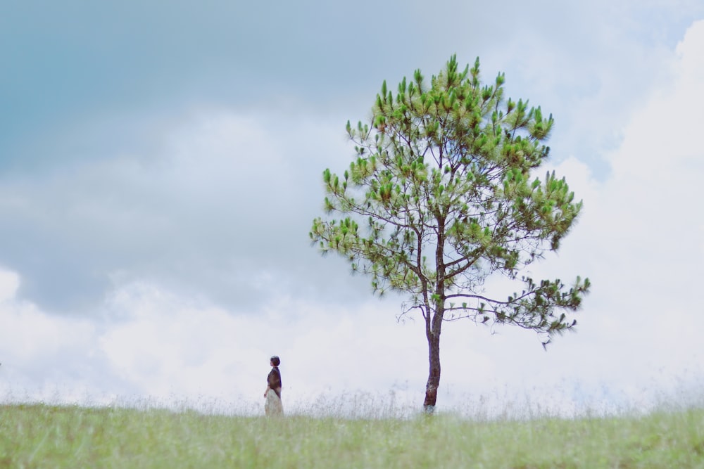 a person standing next to a tree in a field