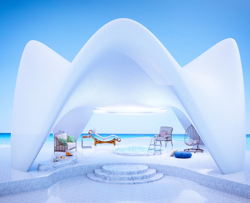 a rendering of a beach with chairs and a tent