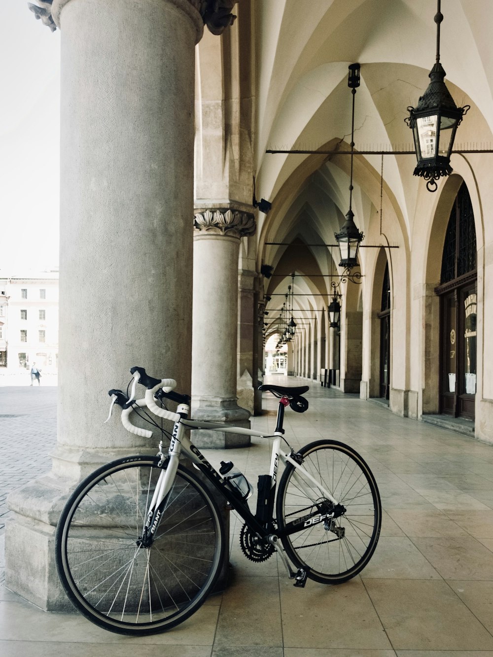 a bicycle parked in front of a building