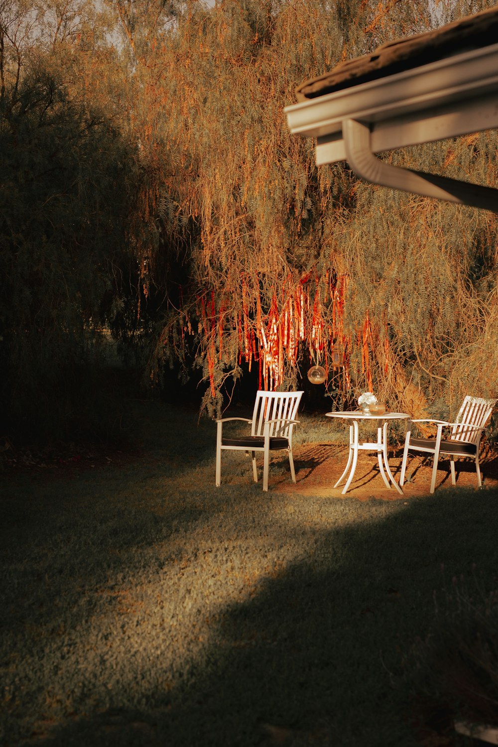 a couple of white chairs sitting on top of a grass covered field