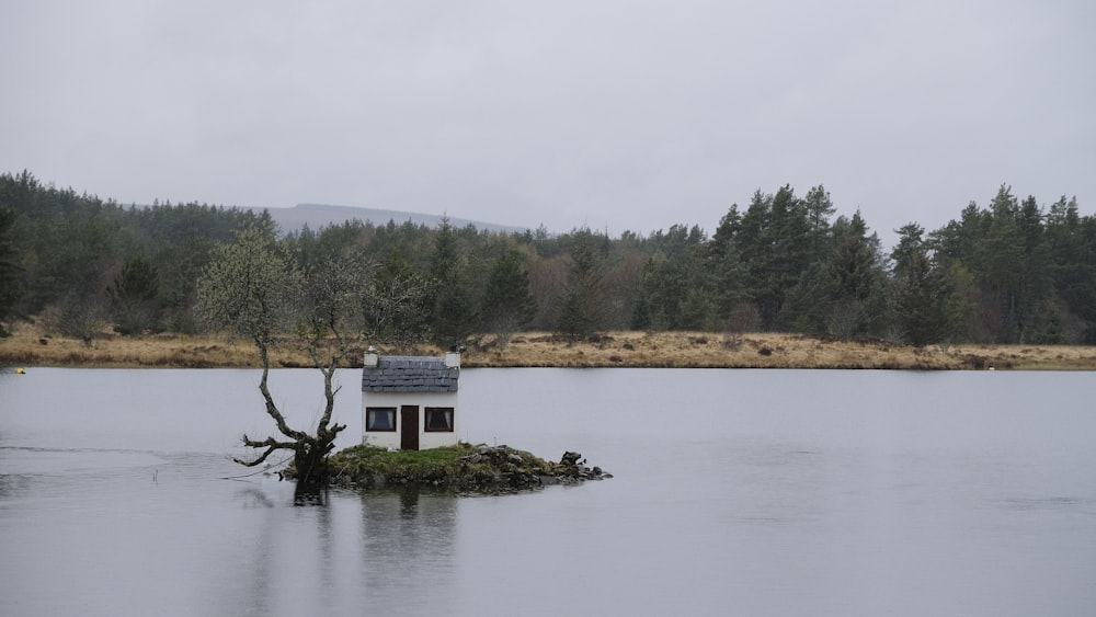 Ein kleines Haus auf einer kleinen Insel mitten in einem See