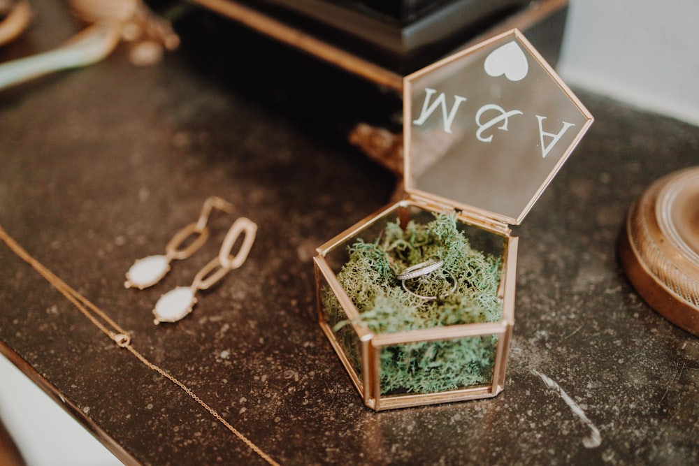 a ring box filled with moss sitting on top of a table