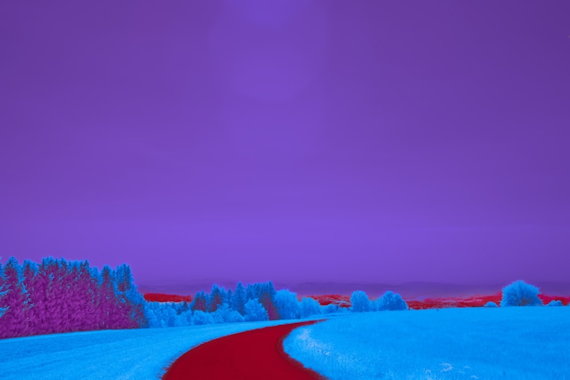 A surreal landscape with a purple sky and a vibrant red pathway cutting through fields and trees. The fields are in bright blue and cyan, with clusters of trees displaying a mix of blue and magenta tones. The colors create an otherworldly and dreamlike atmosphere.