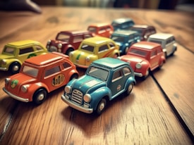 A collection of colorful toy cars is arranged on a wooden surface, featuring vibrant shades of blue, red, yellow, and orange. These miniature, vintage-style cars are lined up closely together, exhibiting a playful and nostalgic atmosphere.