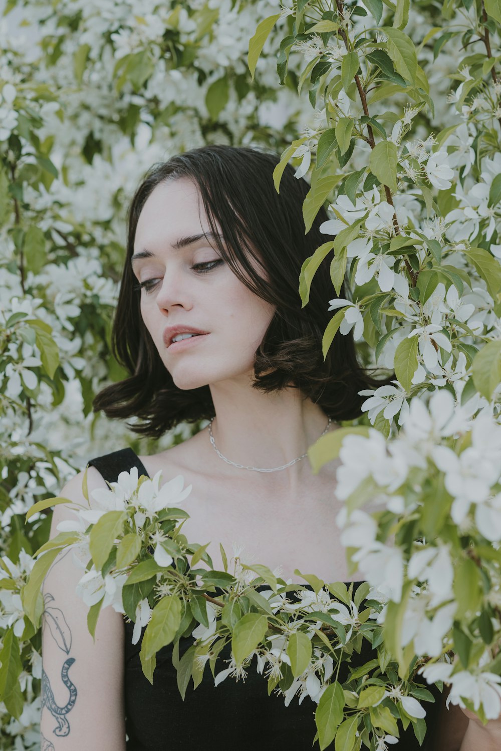 a woman in a black dress standing in a field of white flowers