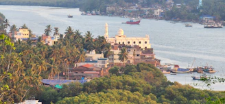 A vibrant riverside village in the Amazonas province with lush green rainforest in the background.