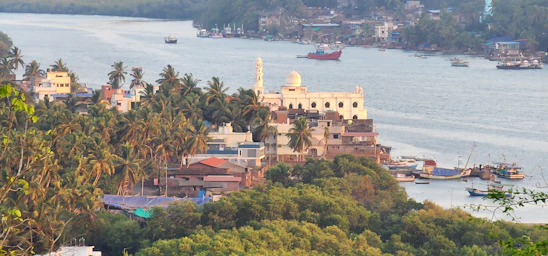 A vibrant riverside village in the Amazonas province with lush green rainforest in the background.