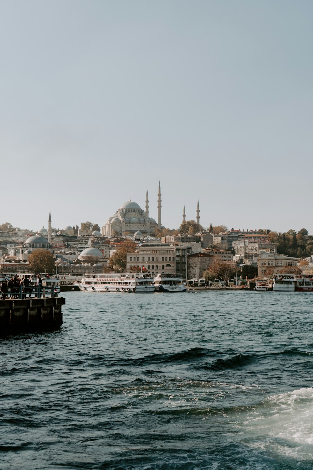 a large body of water with a city in the background