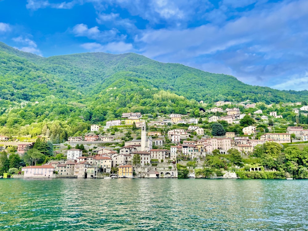 a small village on a small island in the middle of a lake