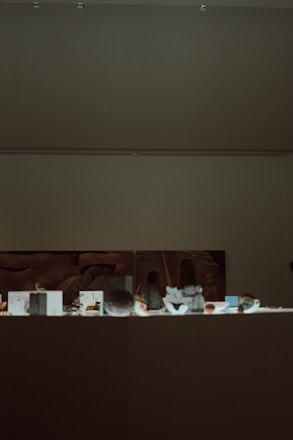 A dimly lit museum exhibit with various small artifacts displayed on a flat surface. A large, abstract artwork is partially visible on the wall behind the exhibit.