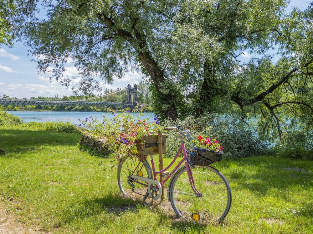 背中に花のバスケットが付いた自転車