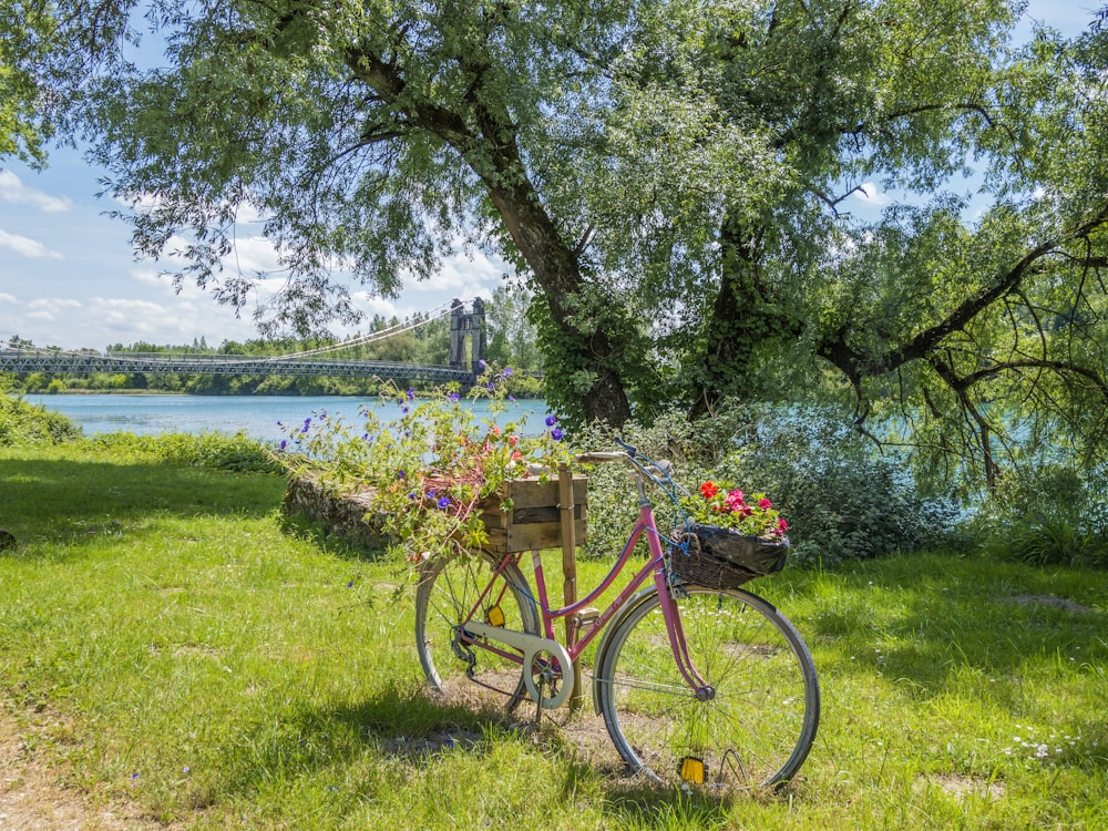 a bike with a basket of flowers on the back