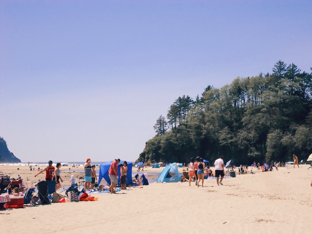 a group of people standing on top of a sandy beach