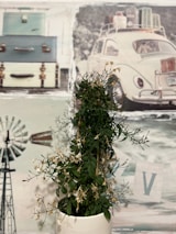 A potted plant with green leaves and small white flowers stands in the foreground. In the background, there is a vintage-style collage featuring a classic car with luggage on top, a stack of antique suitcases, and a windmill. The colors and objects suggest a nostalgic travel theme.