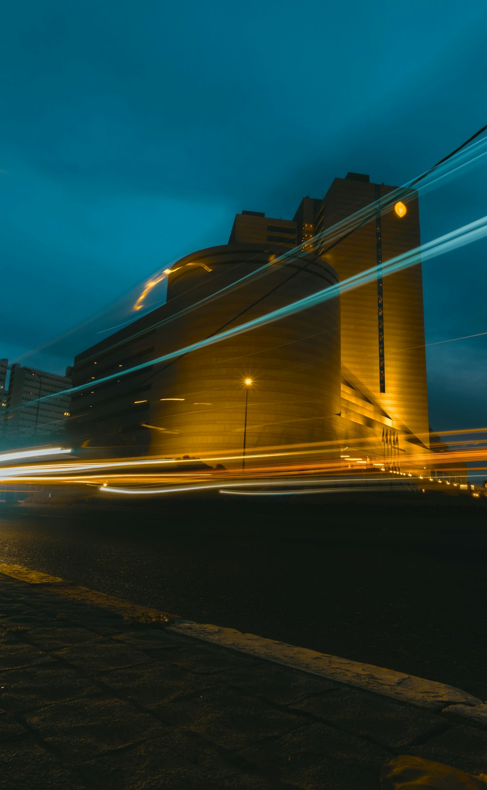 a blurry photo of a building at night