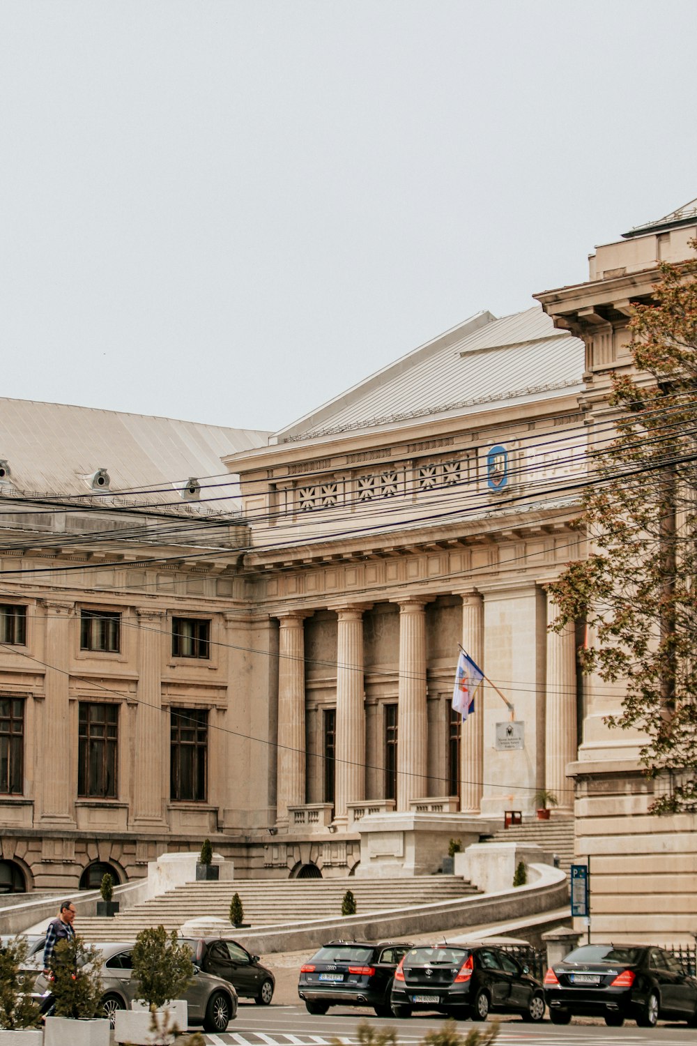 a large building with a flag on top of it