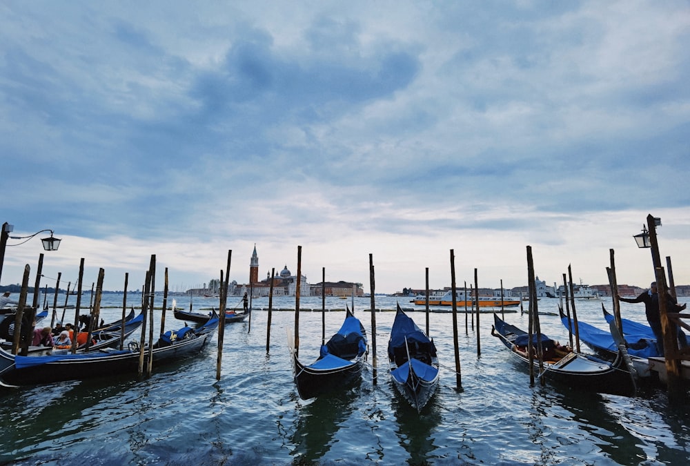 a group of gondolas tied to poles in the water