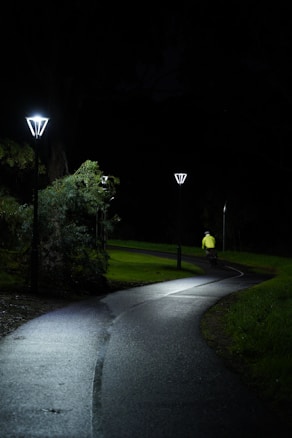 A dark, winding path illuminated by streetlights leads into the distance. The path is flanked by green grass and trees on either side. A person wearing a bright yellow jacket is riding a bicycle along the path towards the background.