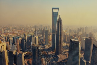 A panoramic view of a commercial district with multiple office towers.