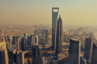 A panoramic view of a commercial district with multiple office towers.