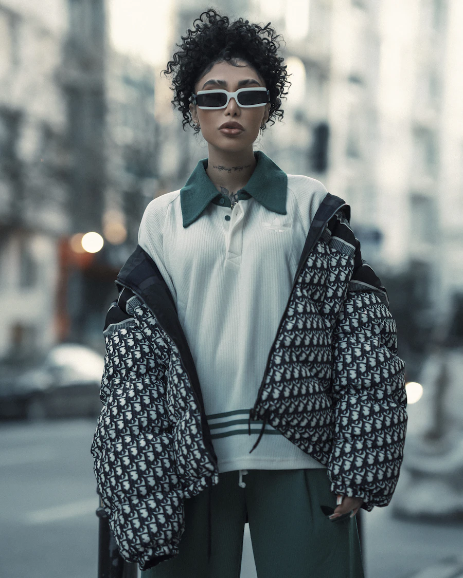 Model in checked jacket