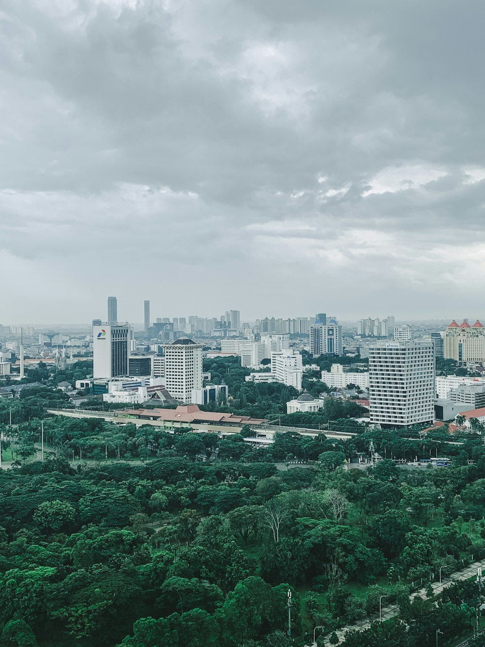 a view of a city with tall buildings and lots of trees