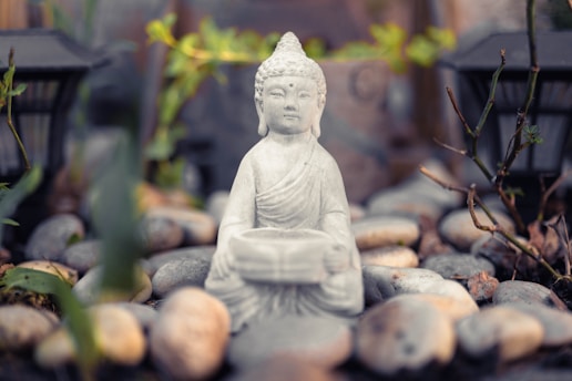 A small white Buddha statue sits serenely among rounded stones and pebbles, surrounded by soft-focus greenery. The setting evokes a peaceful and meditative atmosphere.