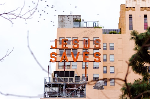 A city building features a large orange sign with the words 'Jesus Saves' prominently displayed near the rooftop. The structure is urban in style with multiple windows and some greenery visible on terraces. A flock of birds can be seen flying above the building, and branches from nearby trees frame the image.