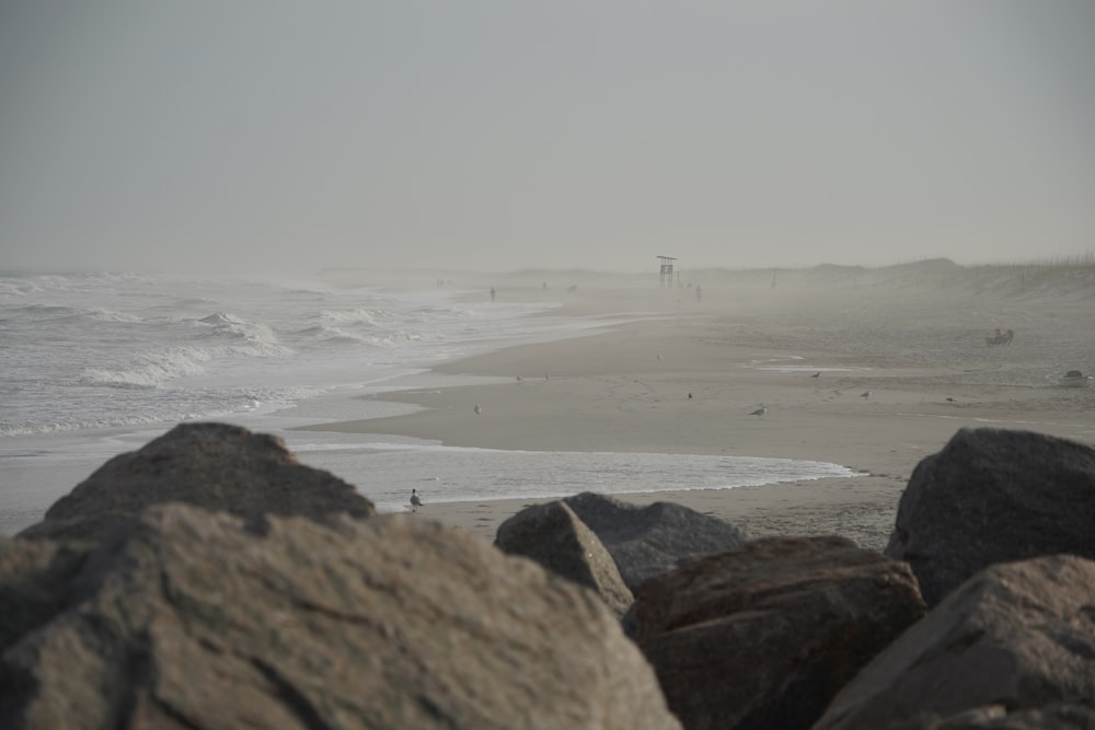 a foggy day at the beach with people in the water