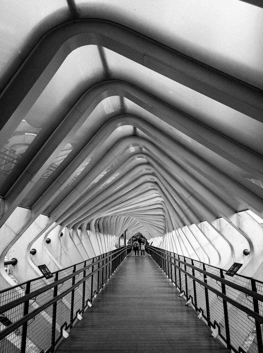 a black and white photo of a walkway
