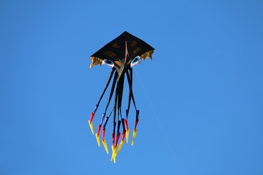 A kite with a unique design soars in the sky. The kite resembles a black square with prominent eye-like patterns. Below it, multiple streamers dangle downward, colored in yellow, red, and blue, against a clear blue sky.