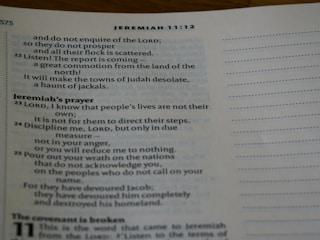 A close-up view of a page from the Bible, displaying text from the book of Jeremiah. The visible text includes a passage titled 'Jeremiah’s prayer', with verses focusing on themes of discipline and divine wrath.