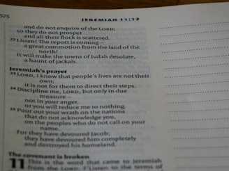 A close-up view of a page from the Bible, displaying text from the book of Jeremiah. The visible text includes a passage titled 'Jeremiah’s prayer', with verses focusing on themes of discipline and divine wrath.