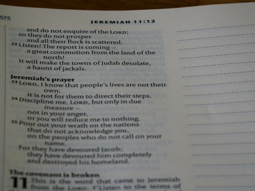 A close-up view of a page from the Bible, displaying text from the book of Jeremiah. The visible text includes a passage titled 'Jeremiah’s prayer', with verses focusing on themes of discipline and divine wrath.