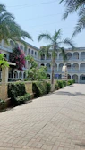 A courtyard surrounded by a two-story building with arches and balconies, lined with palm trees and various green plants. The pathway is paved with tiles and there is a vibrant pink flowering bush against one of the walls.