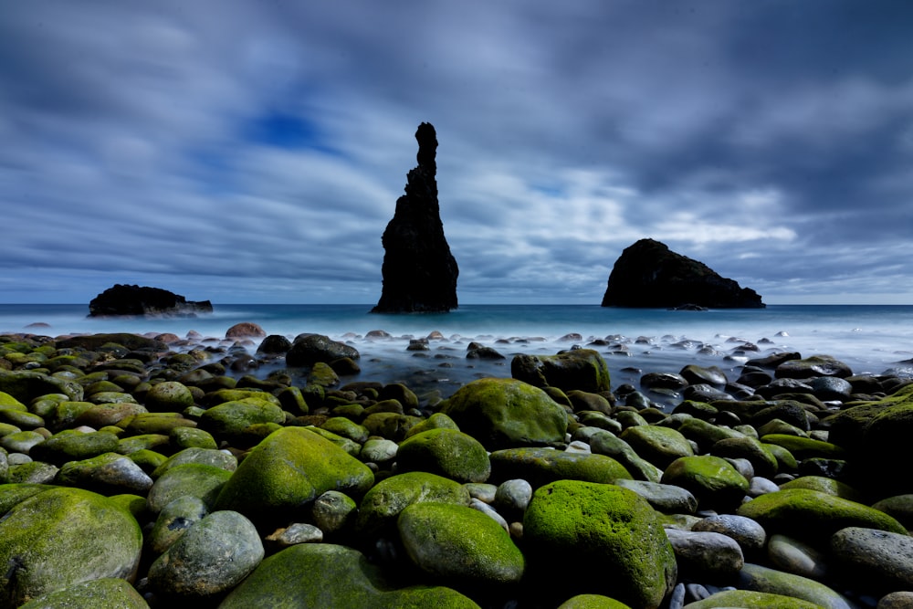 a rocky beach covered in green rocks under a cloudy sky