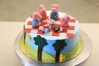 Cartoon pigs celebrating their victory around a bonfire under a starry 3D sky.