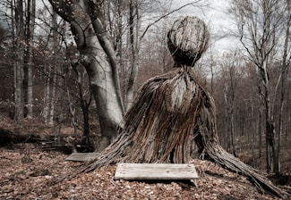 A large sculpture made of intertwined twigs and branches shaped like a humanoid figure sits in a forest. The forest is composed of bare trees, indicative of late autumn or winter, with a ground covered in fallen leaves. The sculpture appears to be seated on wooden planks, and the sky is partly cloudy.