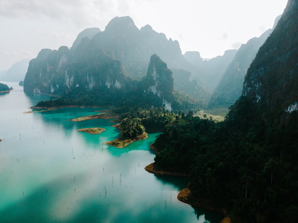 a body of water surrounded by mountains and trees