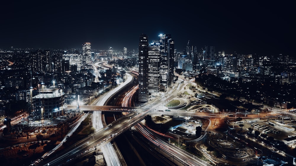 an aerial view of a city at night