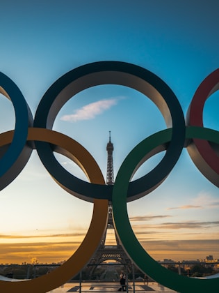 Paris, the olympic rings in front of the eiffel tower