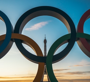 Paris, the olympic rings in front of the eiffel tower